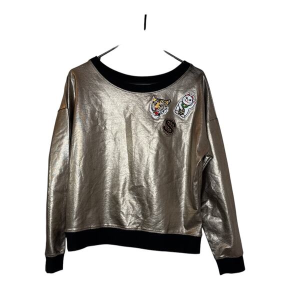 Bebe New Gold Tiger Cat $ Patches Ladies Foiled Sweatshirt Size M - Picture 1 of 6